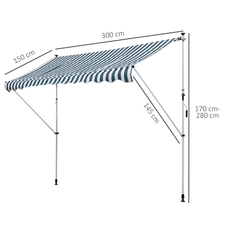 Toldo Manual Retrátil para Exterior 300x150x170-280cm Toldo Enrolável Altura Ajustável com Manivela Proteção Solar para Terraço Balcão Jardim Verde