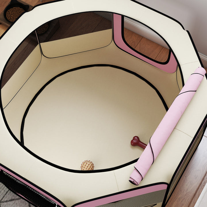 Parque Dobrável para Cães e Gatos Cercado Portátil para Animais Pequenos em Tecido Oxford Impermeável com 2 Portas Interior e Exterior Ø120x58 cm Rosa