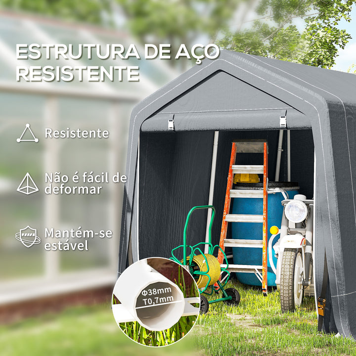 Tenda de Jardim Exterior para Ferramentas e Bicicletas, 2,4x2x2 m, Abrigo Exterior com Estrutura Metálica, 2 Portas Enroláveis com Fecho, Impermeável, Anti-UV, Garagem Portátil, Cinzento