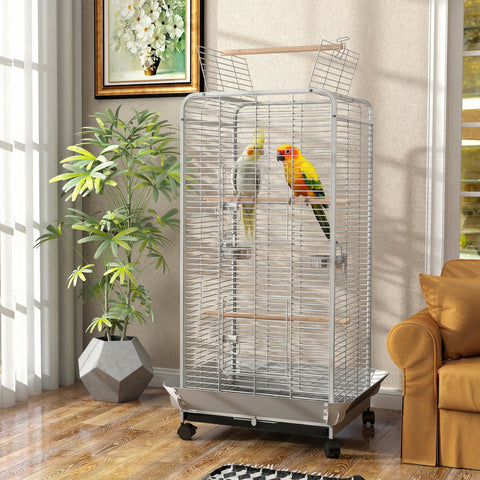 Gaiola para Pássaros Gaiola para Papagaios com Rodas Poleiros Comedouro e Bandeja Amovível Gaiola para Catatuas 79x73x146 cm Cinza Claro
