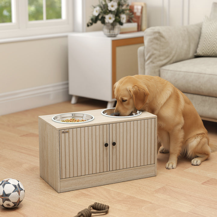 Comedouro Elevado para Cães com 2 Tigelas de Aço Inoxidável 2x2000 ml com 2 Portas Comedouro com Armazenamento Oculto e Antiderrapantes 60x30x35,5 cm Carvalho