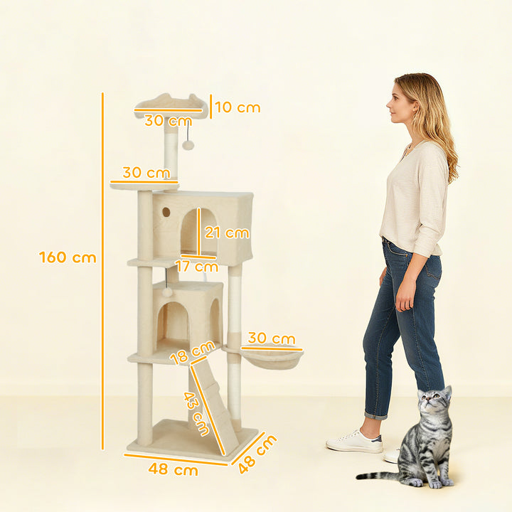 Arranhador para Gatos 160 cm Torre de Escalada com Múltiplas Plataformas Cama 2 Cavernas Rede Escada Postes de Sisal Bolas para Brincar Bege