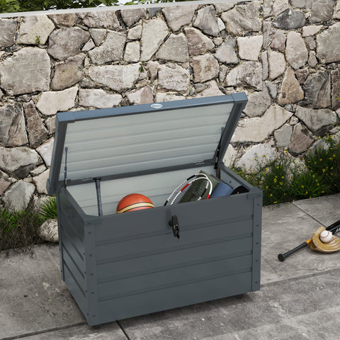 Baú de Exterior 295 L Baú de Armazenamento de Aço Galvanizado com 4 Rodas 2 Pegas e 1 Fechadura com Chave para Jardim Pátio 100x62x65 cm Cinza Escuro