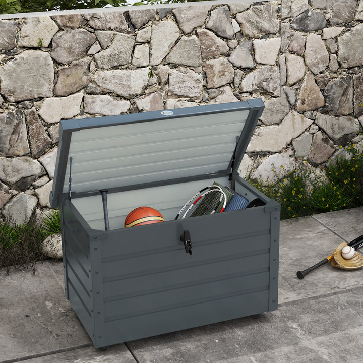 Baú de Exterior 295 L Baú de Armazenamento de Aço Galvanizado com 4 Rodas 2 Pegas e 1 Fechadura com Chave para Jardim Pátio 100x62x65 cm Cinza Escuro