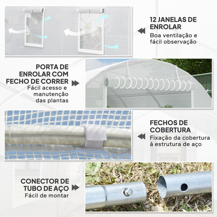Estufa de jardim Tipo túnel para cultivo com 12 janelas e porta de enrolar Aço e PE 800x300x200 cm Branco