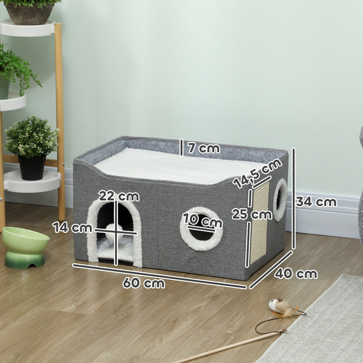Casa Dobrável para Gatos, Cama para Gatos com Arranhador, 3 Entradas, Bola Suspensa, Almofada Reversível em Pelúcia e Tipo Linho, para Interior, 60x40x34 cm, Cinzento