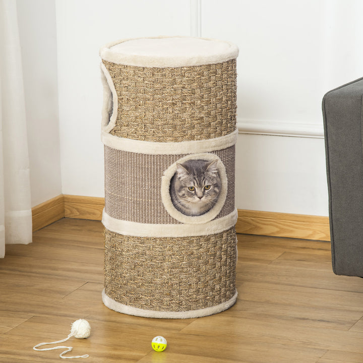 Barril de arranhar para gatos com 3 níveis com plataforma cama confortável e espigões de 37,5x37,5x70 cm Marrom claro e bege