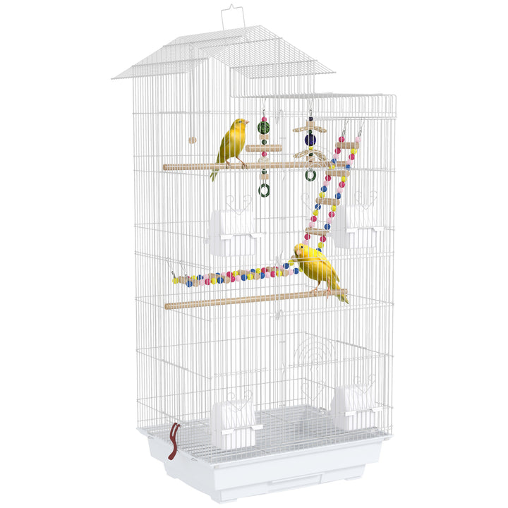 Gaiola para Passáros Gaiola de Metal com Múltiplas Portas 4 Comedouros 3 Poleiros Baloiço Escadas e Bandeja Removível para Periquitos Canários 46x36x100 cm Branco