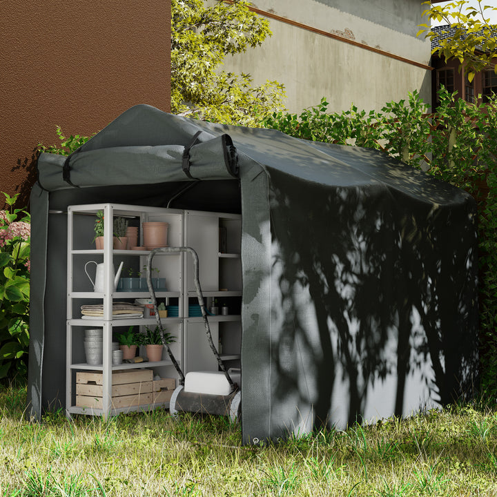 Abrigo de Exterior para Ferramentas e Bicicletas 2,2x1,57x1,65 m Abrigo de Jardim com Porta Desmontável com Fecho de Correr Impermeável Anti-UV Garagem Portátil Cinzento Escuro