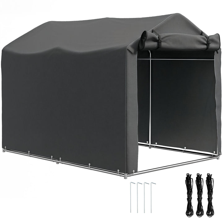 Abrigo de Exterior para Ferramentas e Bicicletas 2,2x1,57x1,65 m Abrigo de Jardim com Porta Desmontável com Fecho de Correr Impermeável Anti-UV Garagem Portátil Cinzento Escuro