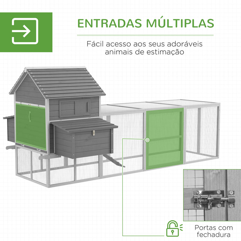 Galinheiro Grande de Madeira 310,5x149,5x149 cm Gaiola para Galinhas com 2 Janelas Portas Ninho Bandeja Amovível e Rampa para Exterior Cinza