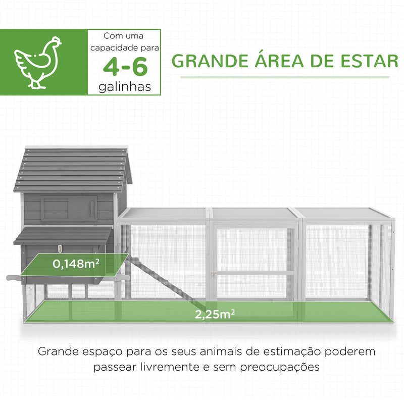 Galinheiro Grande de Madeira 310,5x149,5x149 cm Gaiola para Galinhas com 2 Janelas Portas Ninho Bandeja Amovível e Rampa para Exterior Cinza