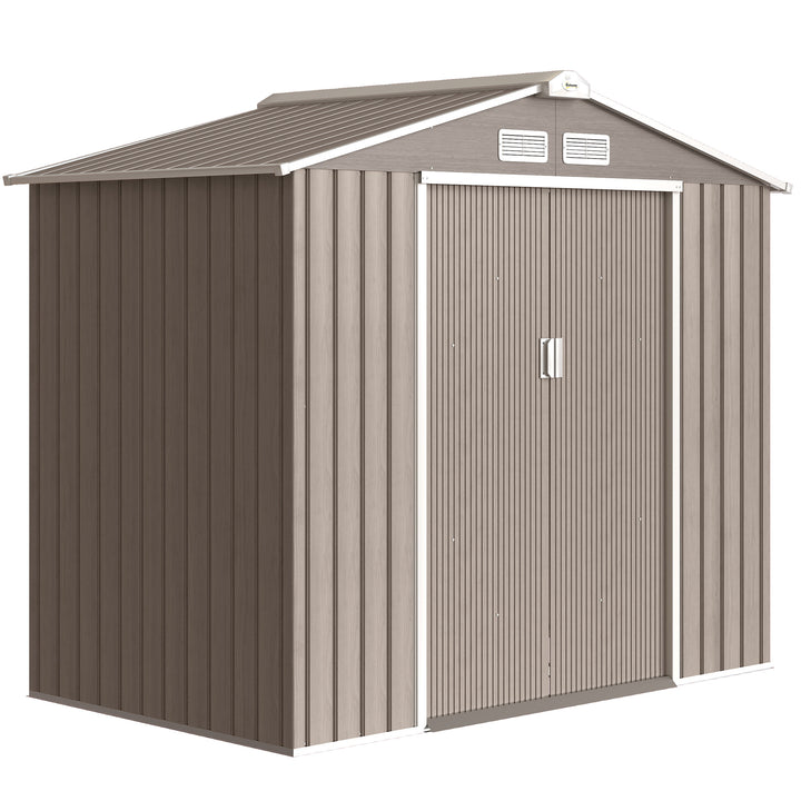 Abrigo de Jardim 213x130x185 cm Abrigo de Jardim Metálico de Exterior para Armazenamento de Ferramentas com 2 Portas Deslizantes e 4 Janelas para Terraço Madeira
