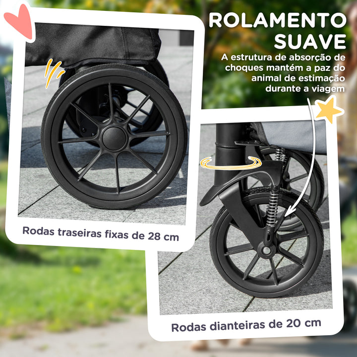 Carrinho para Cães Dobrável Carrinho para Cães Grandes com Rodas Grandes Correias de Segurança Estrutura Amortecedora Almofada Lavável 124x67x100 cm Cinzento