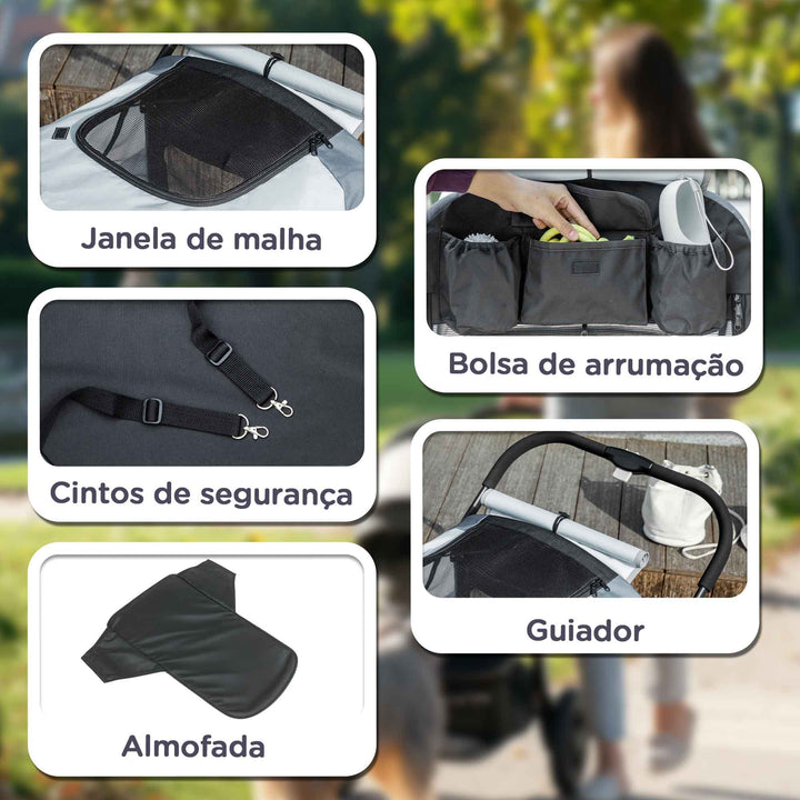 Carrinho para Cães Dobrável Carrinho para Cães Grandes com Rodas Grandes Correias de Segurança Estrutura Amortecedora Almofada Lavável 124x67x100 cm Cinzento