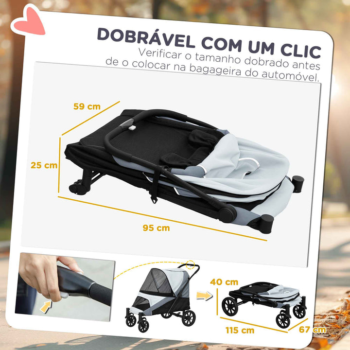 Carrinho para Cães Dobrável Carrinho para Cães Grandes com Rodas Grandes Correias de Segurança Estrutura Amortecedora Almofada Lavável 124x67x100 cm Cinzento