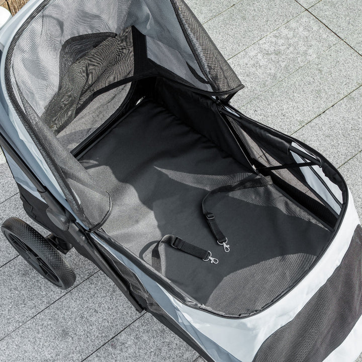 Carrinho para Cães Dobrável Carrinho para Cães Grandes com Rodas Grandes Correias de Segurança Estrutura Amortecedora Almofada Lavável 124x67x100 cm Cinzento