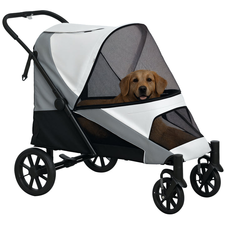 Carrinho para Cães Dobrável Carrinho para Cães Grandes com Rodas Grandes Correias de Segurança Estrutura Amortecedora Almofada Lavável 124x67x100 cm Cinzento