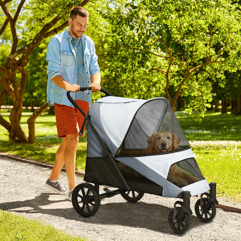 Carrinho para Cães Dobrável Carrinho para Cães Grandes com Rodas Grandes Correias de Segurança Estrutura Amortecedora Almofada Lavável 124x67x100 cm Cinzento