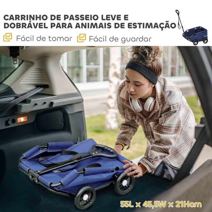 Carrinho para Cães Dobrável Carrinho para Animais de Estimação Carrinho para Cães Miniatura com Barra de Empurre Ajustável Desenho Aberto Almofada Bolsa de Armazenamento e Rodas 53x45x28 cm Azul Escuro
