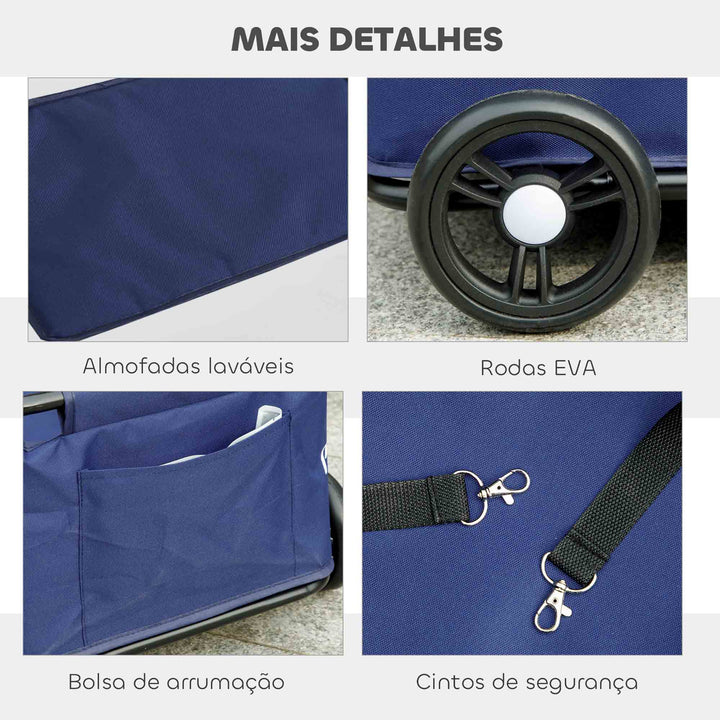 Carrinho para Cães Dobrável Carrinho para Animais de Estimação Carrinho para Cães Miniatura com Barra de Empurre Ajustável Desenho Aberto Almofada Bolsa de Armazenamento e Rodas 53x45x28 cm Azul Escuro