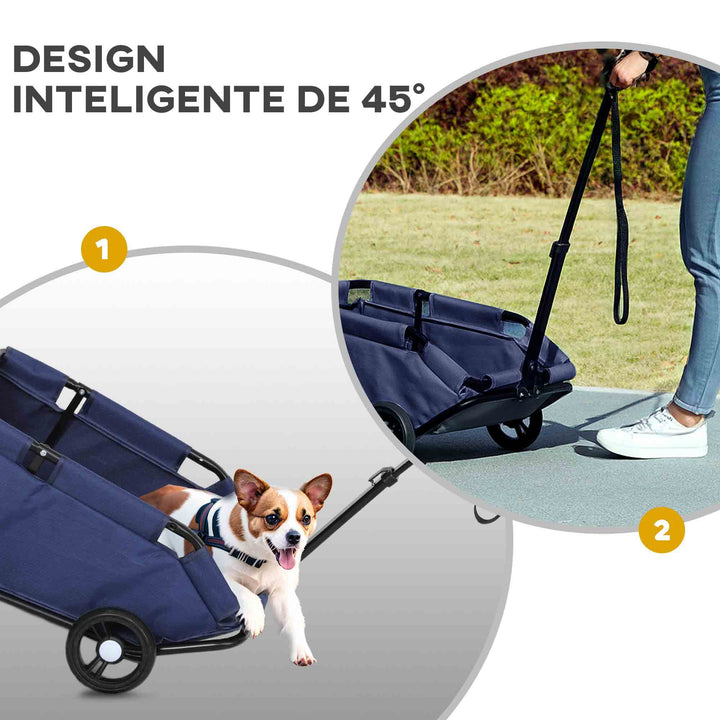 Carrinho para Cães Dobrável Carrinho para Animais de Estimação Carrinho para Cães Miniatura com Barra de Empurre Ajustável Desenho Aberto Almofada Bolsa de Armazenamento e Rodas 53x45x28 cm Azul Escuro