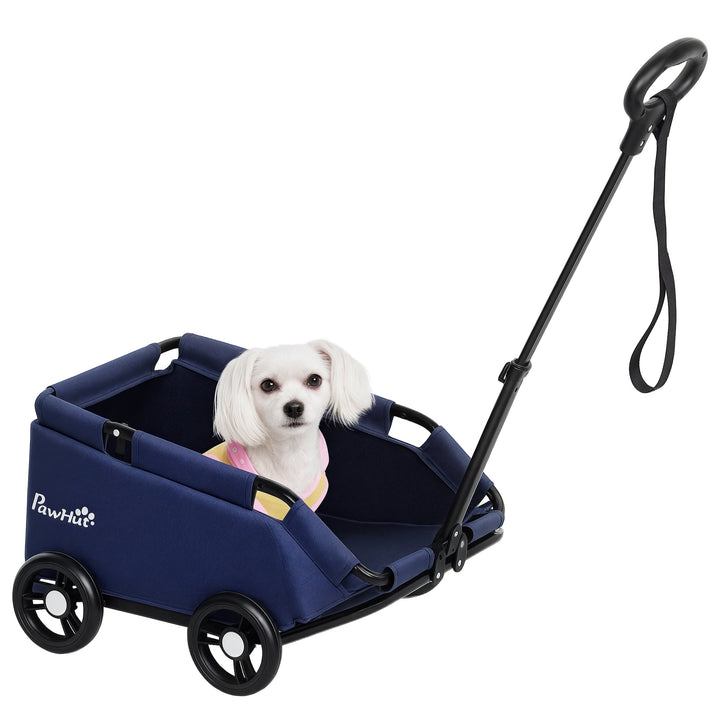 Carrinho para Cães Dobrável Carrinho para Animais de Estimação Carrinho para Cães Miniatura com Barra de Empurre Ajustável Desenho Aberto Almofada Bolsa de Armazenamento e Rodas 53x45x28 cm Azul Escuro