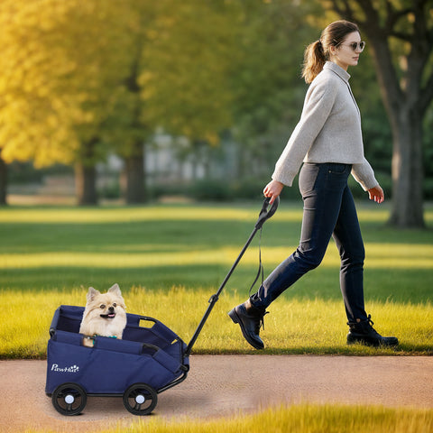 Carrinho para Cães Dobrável Carrinho para Animais de Estimação Carrinho para Cães Miniatura com Barra de Empurre Ajustável Desenho Aberto Almofada Bolsa de Armazenamento e Rodas 53x45x28 cm Azul Escuro