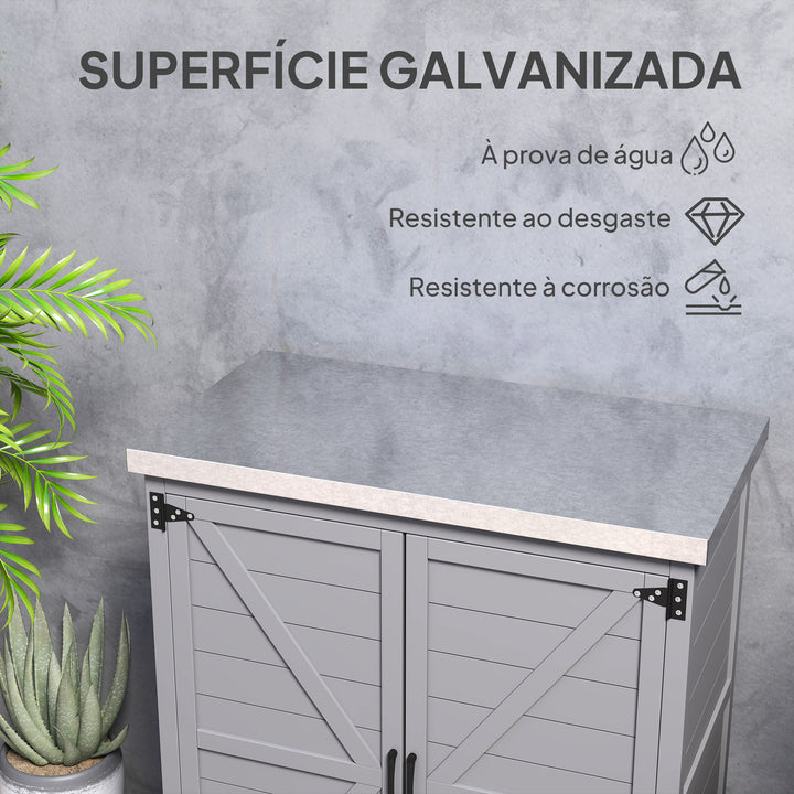Armário de Exterior em Madeira Armário de Jardim com Tampo de Aço Galvanizado Prateleira 2 Portas Abrigo de Jardim para Armazenamento de Ferramentas 79x43x92 cm Cinza