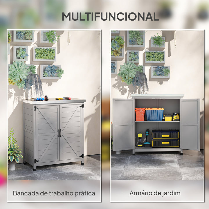 Armário de Exterior em Madeira Armário de Jardim com Tampo de Aço Galvanizado Prateleira 2 Portas Abrigo de Jardim para Armazenamento de Ferramentas 79x43x92 cm Cinza