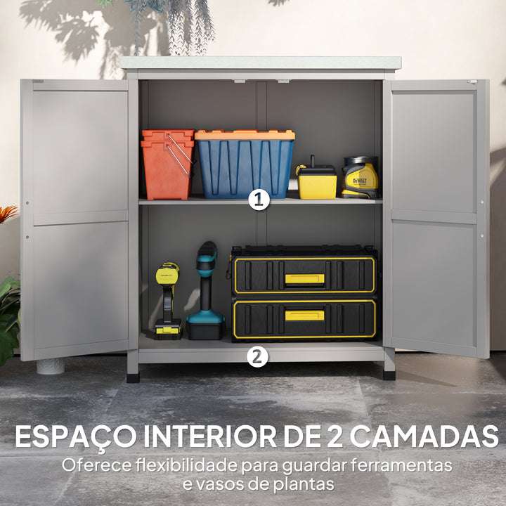 Armário de Exterior em Madeira Armário de Jardim com Tampo de Aço Galvanizado Prateleira 2 Portas Abrigo de Jardim para Armazenamento de Ferramentas 79x43x92 cm Cinza