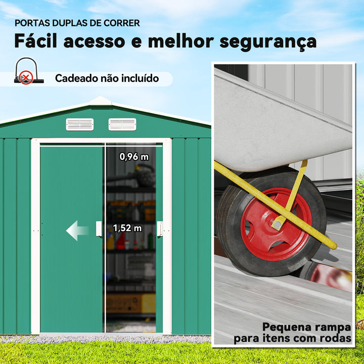 Galpão de Jardim Barracão Metálico Placa Verde para armazenar ferramentas 277x191x192cm Verde