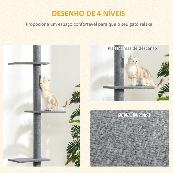 Arranhador para Gatos de Chão ao Teto 43x27x228-260 cm Torre para Gatos com Altura Ajustável 4 Plataformas e Poste de Sisal Cinza