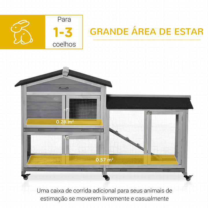 Coelheira de Madeira 157,4x53x99,5 cm Gaiola para Coelhos Grande com Rodas Telhado Asfáltico Tabuleiro Removível e Rampa para Exterior Cinza