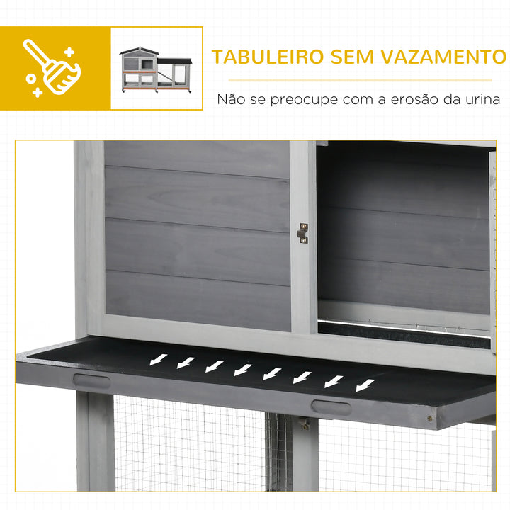Coelheira de Madeira 157,4x53x99,5 cm Gaiola para Coelhos Grande com Rodas Telhado Asfáltico Tabuleiro Removível e Rampa para Exterior Cinza
