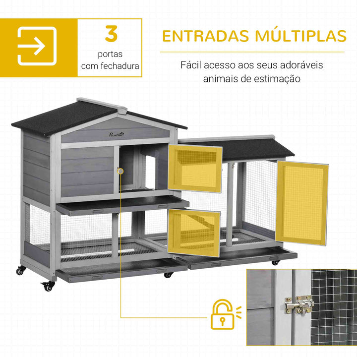 Coelheira de Madeira 157,4x53x99,5 cm Gaiola para Coelhos Grande com Rodas Telhado Asfáltico Tabuleiro Removível e Rampa para Exterior Cinza