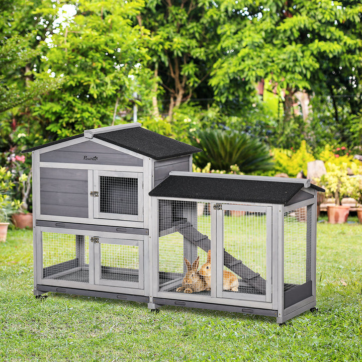 Coelheira de Madeira 157,4x53x99,5 cm Gaiola para Coelhos Grande com Rodas Telhado Asfáltico Tabuleiro Removível e Rampa para Exterior Cinza