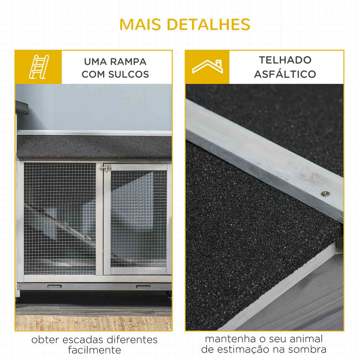 Coelheira de Madeira 157,4x53x99,5 cm Gaiola para Coelhos Grande com Rodas Telhado Asfáltico Tabuleiro Removível e Rampa para Exterior Cinza