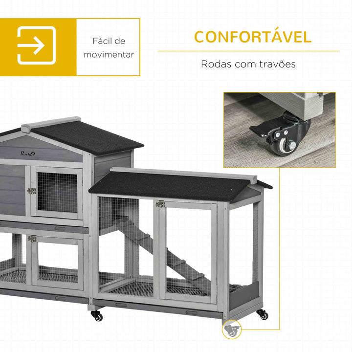 Coelheira de Madeira 157,4x53x99,5 cm Gaiola para Coelhos Grande com Rodas Telhado Asfáltico Tabuleiro Removível e Rampa para Exterior Cinza