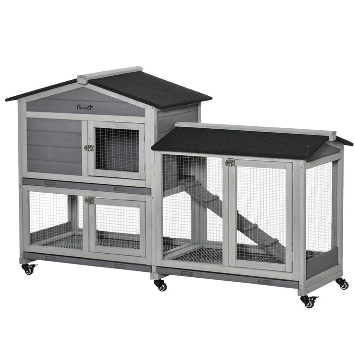 Coelheira de Madeira 157,4x53x99,5 cm Gaiola para Coelhos Grande com Rodas Telhado Asfáltico Tabuleiro Removível e Rampa para Exterior Cinza
