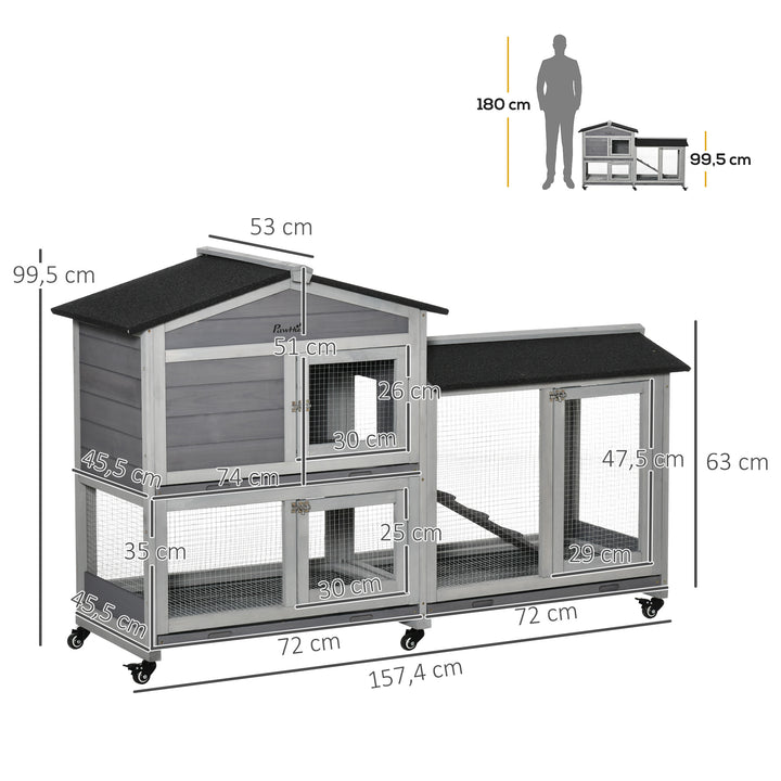 Coelheira de Madeira 157,4x53x99,5 cm Gaiola para Coelhos Grande com Rodas Telhado Asfáltico Tabuleiro Removível e Rampa para Exterior Cinza