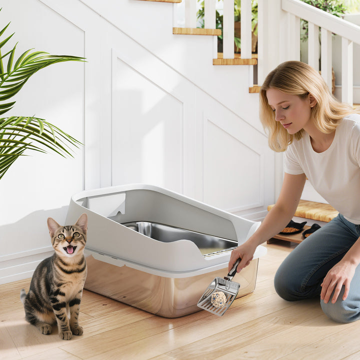 Caixa de Areia XL para Gatos em Aço Inoxidável Bordas Altas Pá Metálica Fácil de Limpar Antifugas 60,2x40,2x29,7 cm Cinzento
