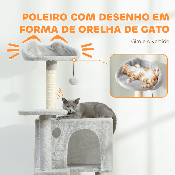 Arranhador para Gatos 160 cm Torre de Escalada com Múltiplas Plataformas Cama 2 Cavernas Rede Escada Postes de Sisal Bolas para Brincar Cinzento Claro