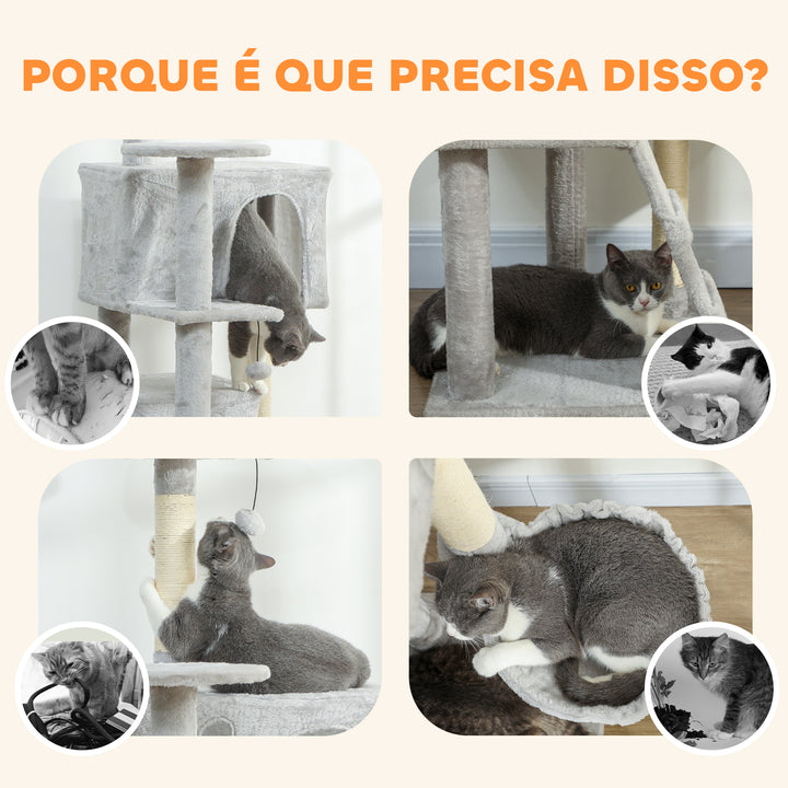 Arranhador para Gatos 160 cm Torre de Escalada com Múltiplas Plataformas Cama 2 Cavernas Rede Escada Postes de Sisal Bolas para Brincar Cinzento Claro