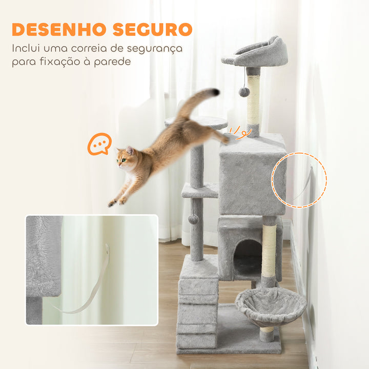 Arranhador para Gatos 160 cm Torre de Escalada com Múltiplas Plataformas Cama 2 Cavernas Rede Escada Postes de Sisal Bolas para Brincar Cinzento Claro