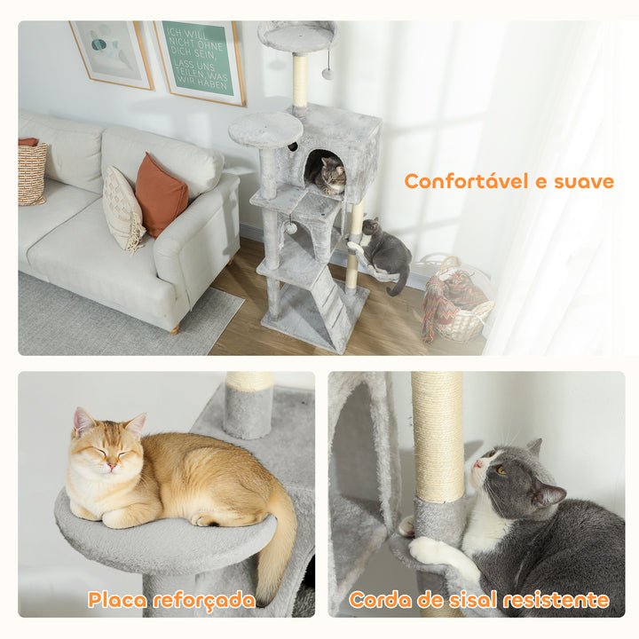 Arranhador para Gatos 160 cm Torre de Escalada com Múltiplas Plataformas Cama 2 Cavernas Rede Escada Postes de Sisal Bolas para Brincar Cinzento Claro