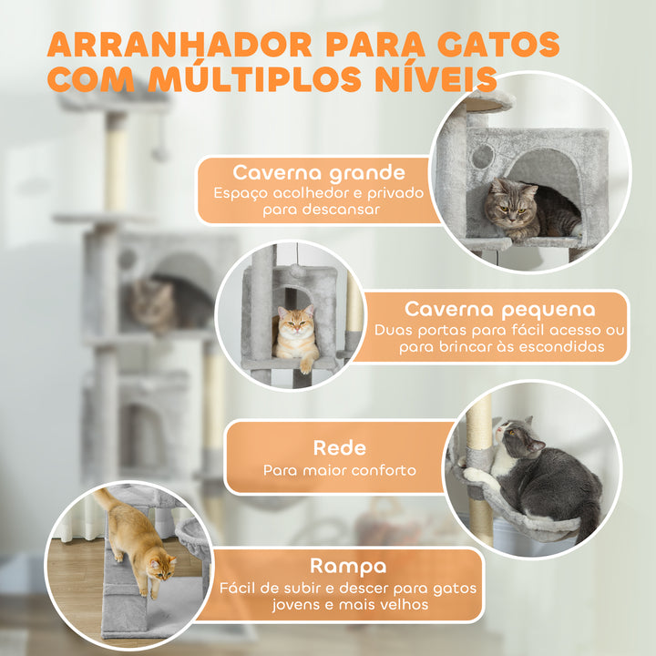 Arranhador para Gatos 160 cm Torre de Escalada com Múltiplas Plataformas Cama 2 Cavernas Rede Escada Postes de Sisal Bolas para Brincar Cinzento Claro