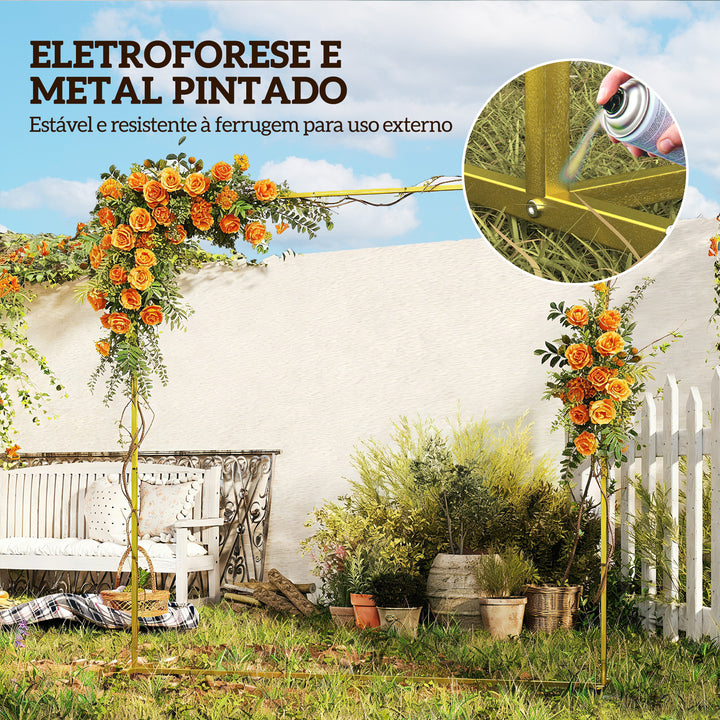Arco de Jardim para Rosas em Metal 200x200 cm Arco de Casamento Quadrado com Estacas em Forma de U Resistente às Intempéries para Plantas Trepadeiras Decoração de Pátio e Terraço Dourado