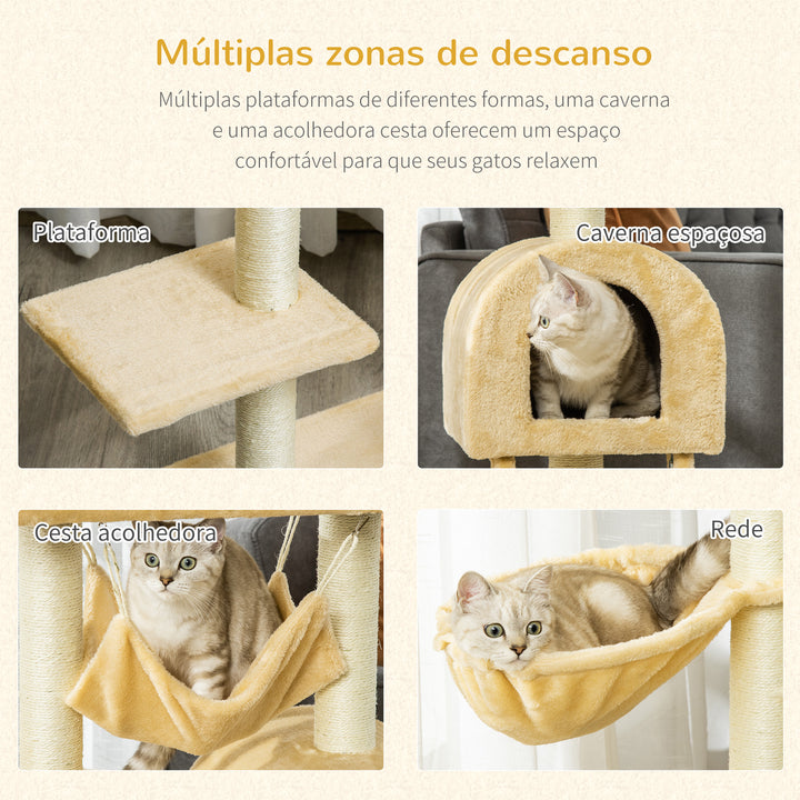 Árvore para Gatos Arranhador com Poste Ninho Cesta Rede Plataforma Casa e Escada de Veludo e Sisal Natural 54x29,5x98 cm Bege