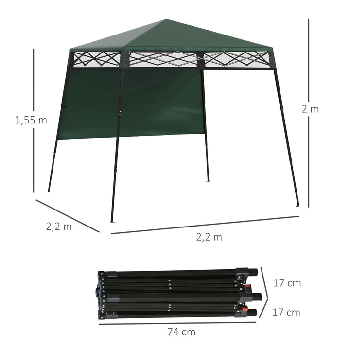 Tenda Dobrável 220x220x200 cm Tenda Dobrável com 1 Parede Lateral Bolsa de Transporte Impermeável e Proteção UV50+ para Jardim Pátio Verde